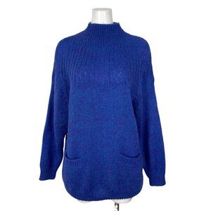 M.Y. Juniors Vintage Sweater M Blue Mohair Mock Neck Long Sleeve Pockets Retro